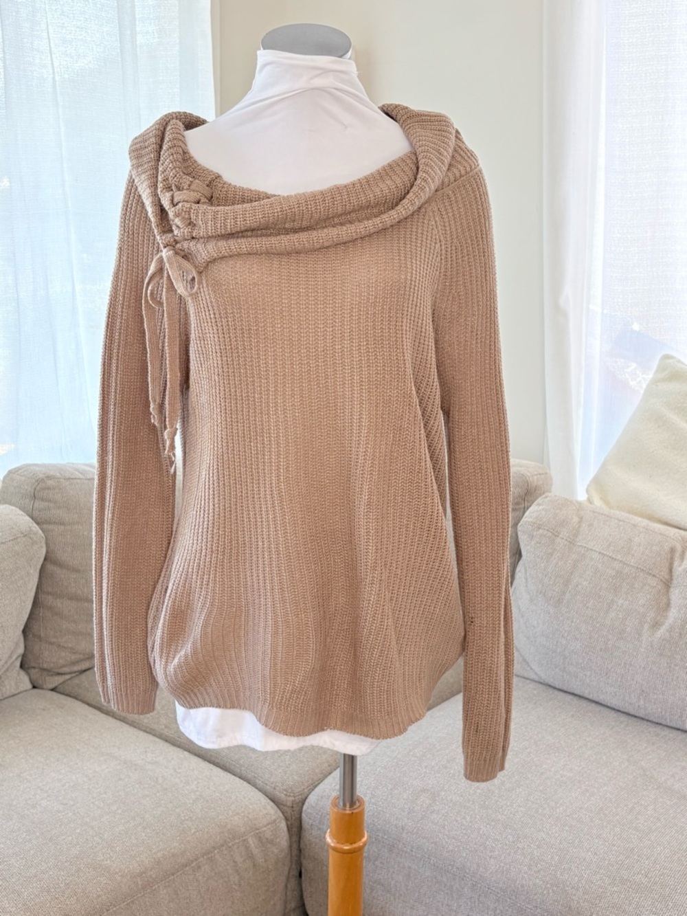 6for$20❤️itemAmbiance Asymmetrical Cowl Tie Sweater - Tan
